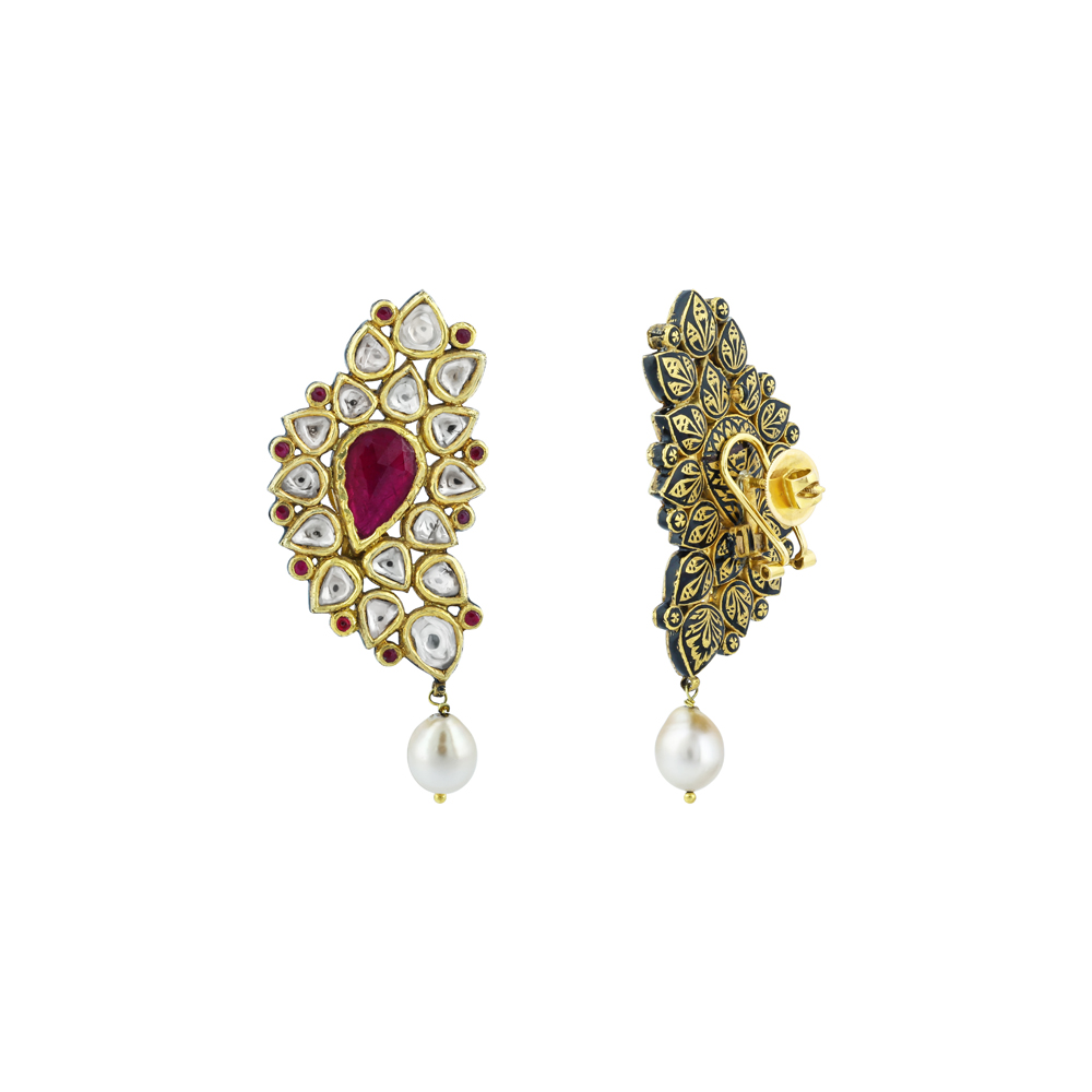 Polki Earrings with Ruby Colour Stone and South Sea Pearl Drop